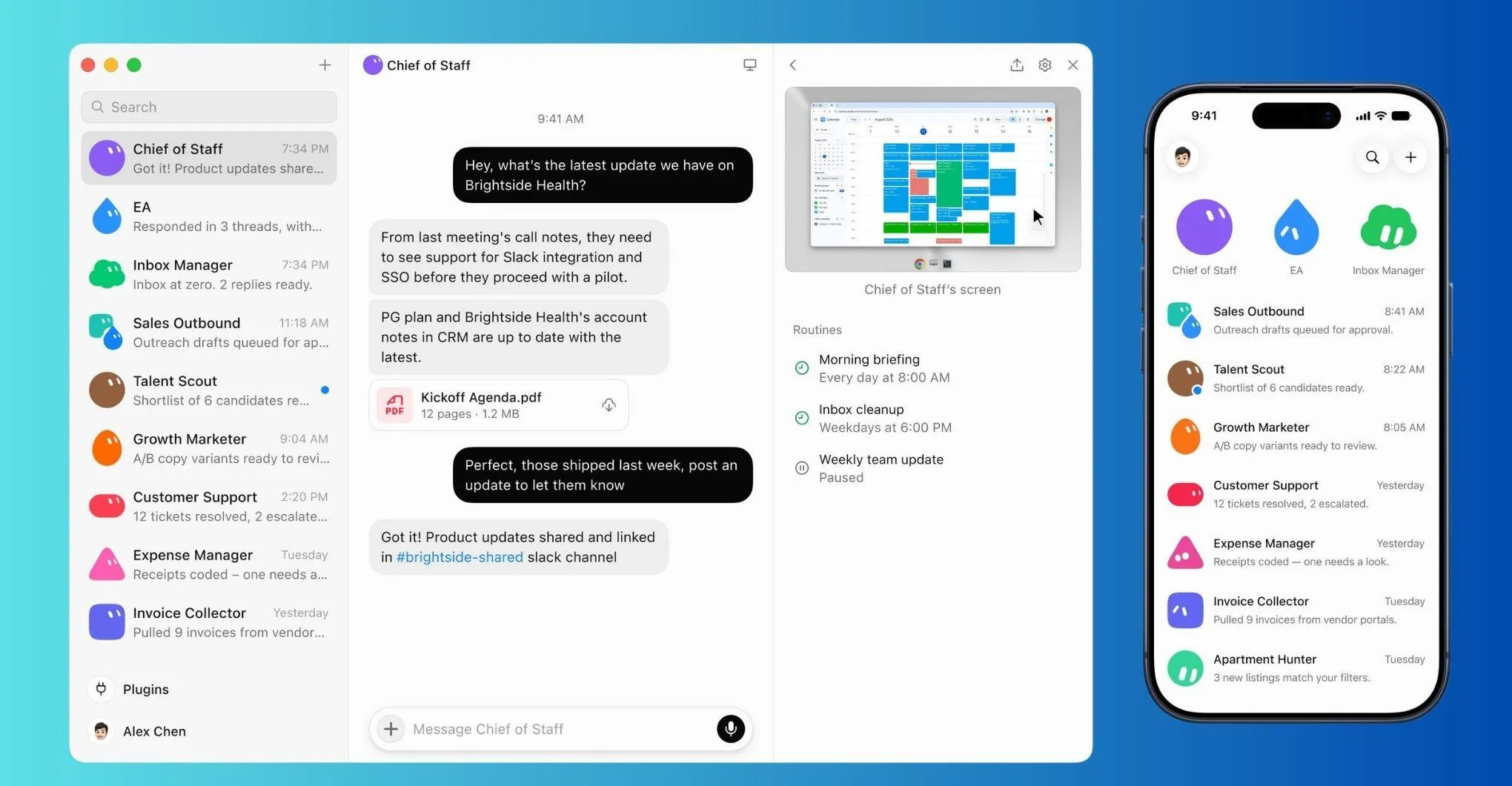 Grok Bot — Chief of Staff chat, agent roster and phone view