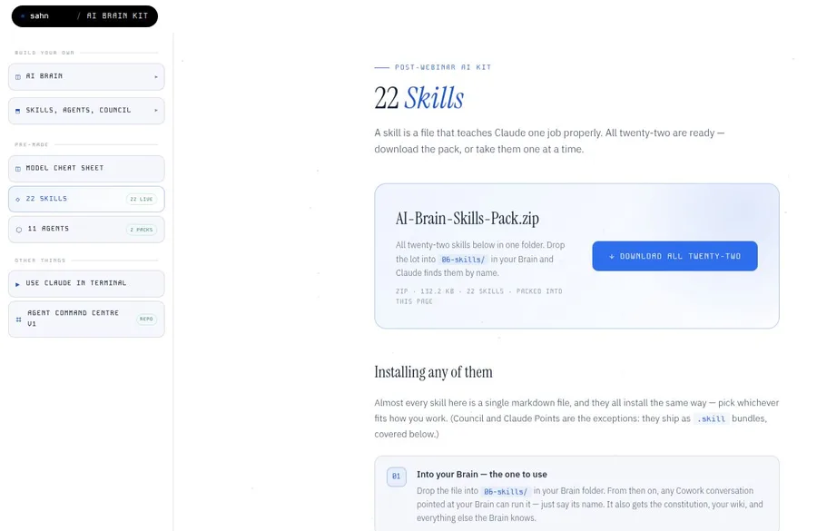 The skills library page with a download button for all twenty-two skills