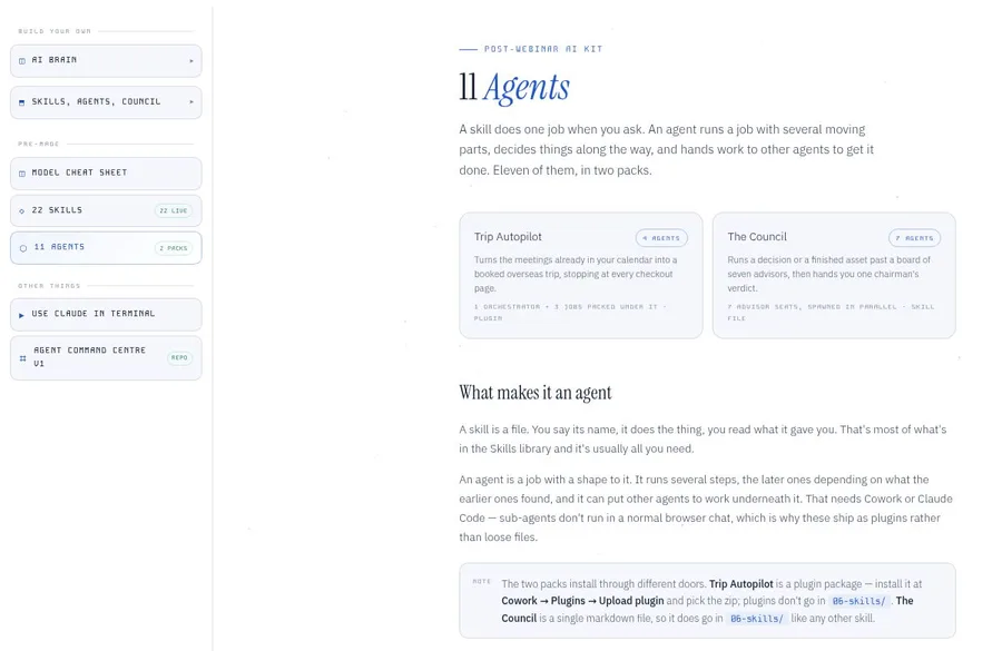 The agents page showing the Trip Autopilot and The Council agent packs